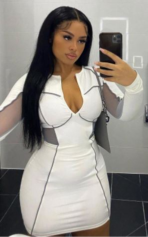 White Long Sleeve Contour  Dress